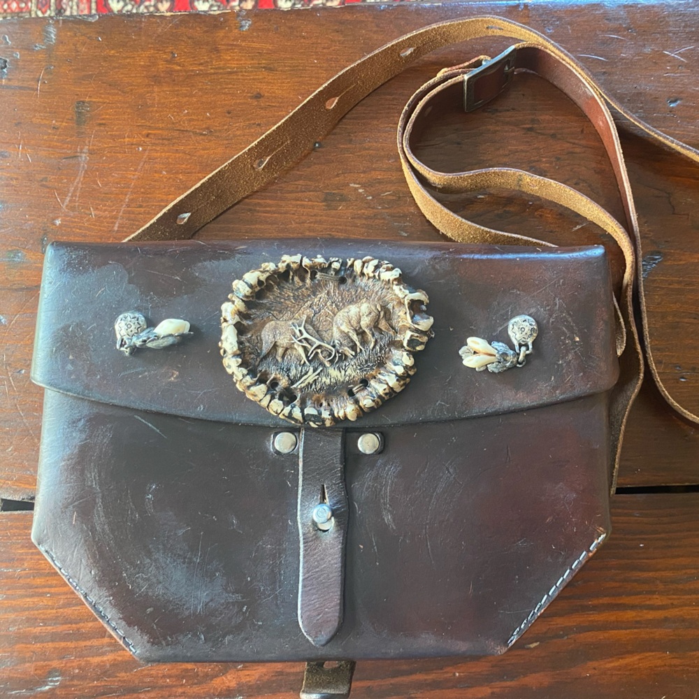 Vintage Austrian Brown Leather Crossbody Bag with Carved Details